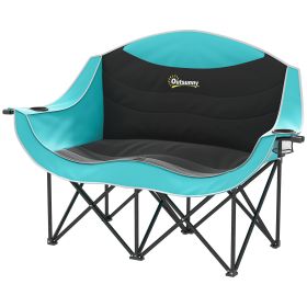 Outsunny Padded Folding Camp Chair for Adults, Double Camping Chairwith Armrests, Cup Holders, Carry Bag for Outdoor, Green